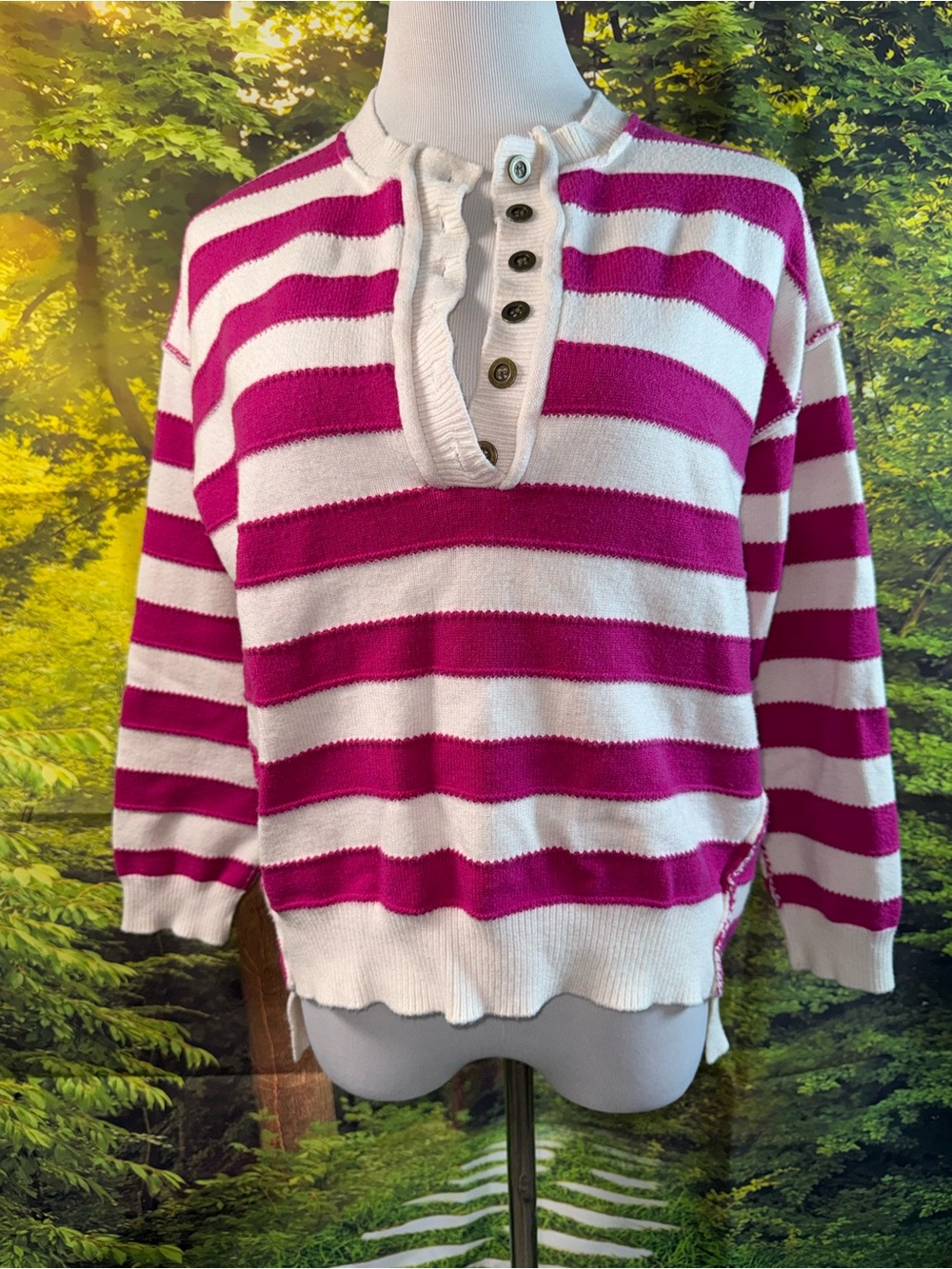946-Fuchsia & White Striped Button Henley Sweater